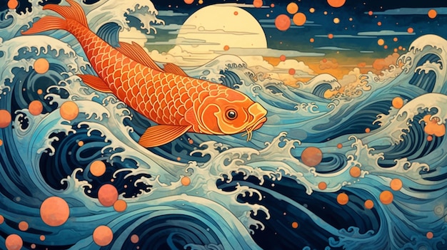 painting of a fish in the ocean with bubbles floating in the air generative ai