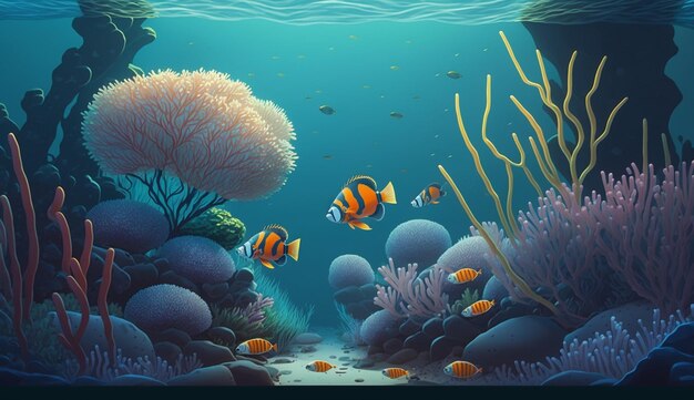 A painting of fish in a sea