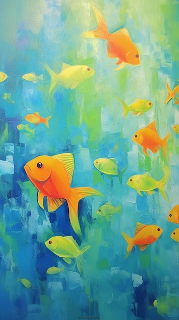 A painting of fish in a sea