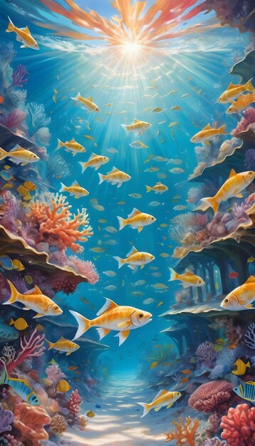 Картина рыбы, плавающей в океане с солнцем, сияющим через воду