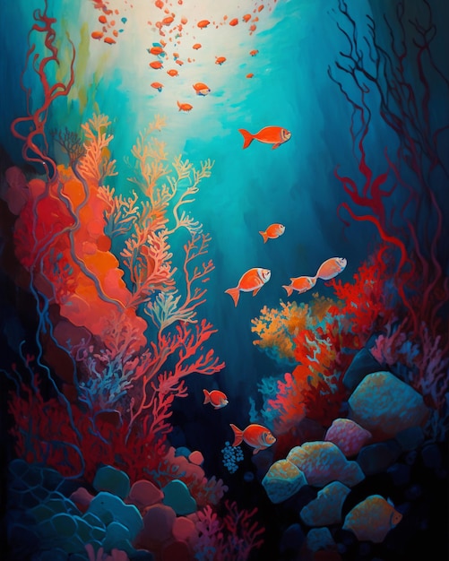 A painting of a fish swimming under the ocean.