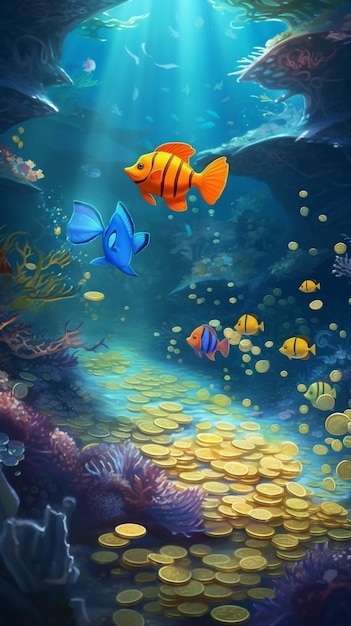 A painting of a fish swimming in a sea.