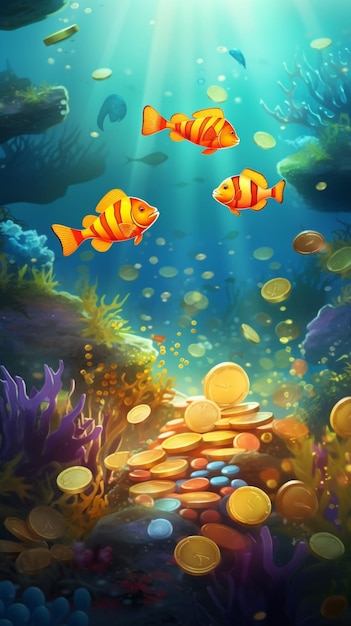 A painting of fish swimming under the sea.