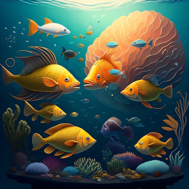 Photo a painting of fish in an underwater setting