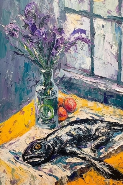 A painting of a fish and a vase of flowers.