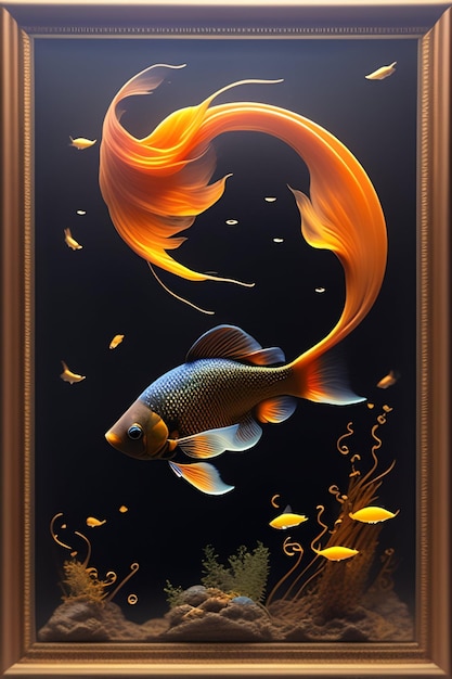 A painting of a fish with a gold tail and a black background.