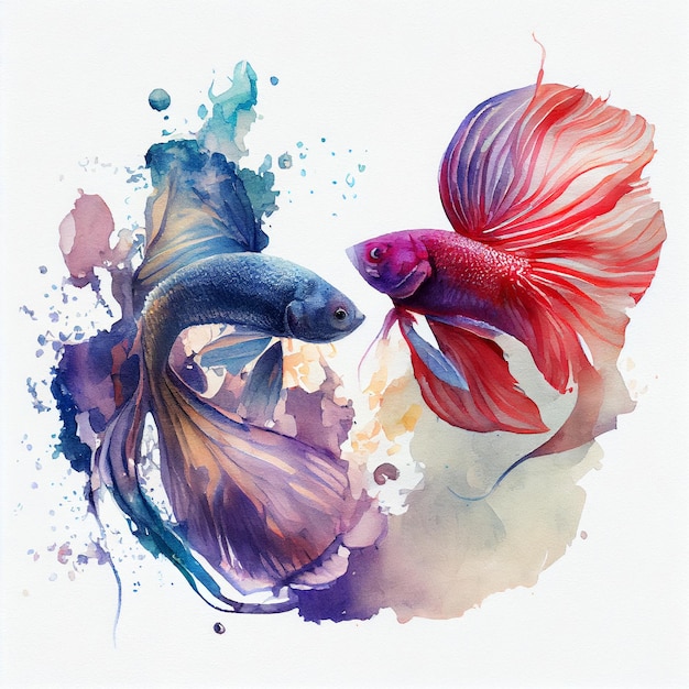 A painting of a fish with a red tail and blue tail