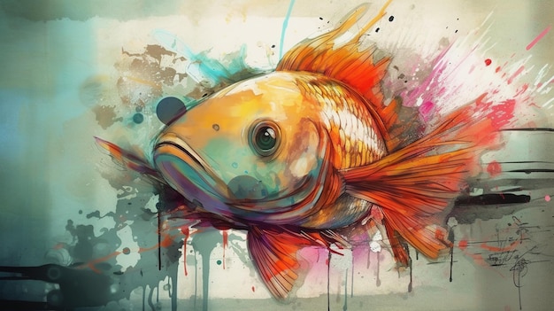 A painting of a fish with a red tail and a yellow tail.