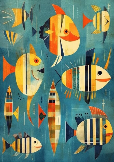 A painting of fish with the words " fish " on the bottom.