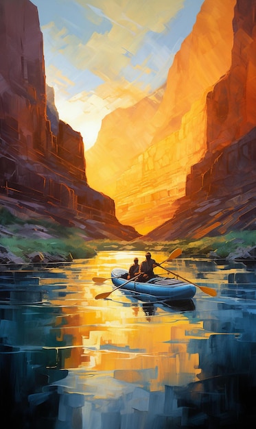Картина рыбака в лодке с горным фоном.