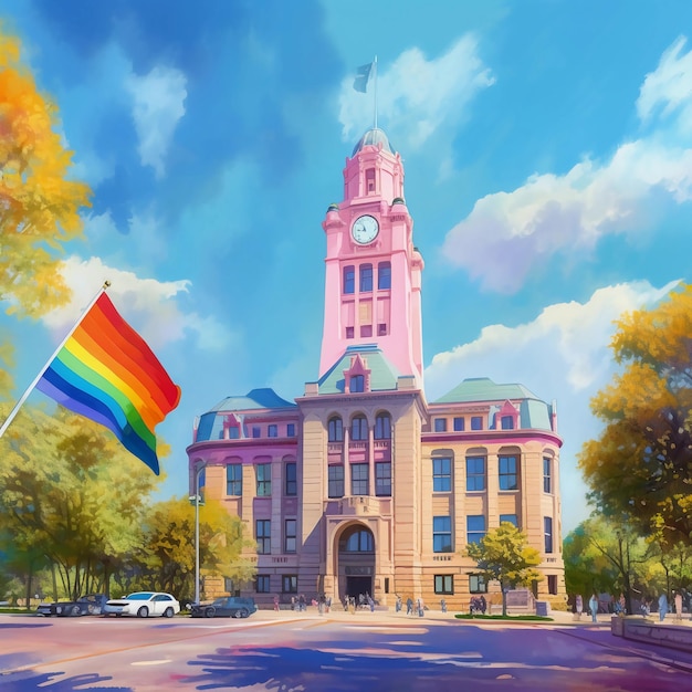 A painting of a flag in front of a building that says pride on it.