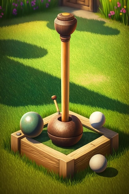 A painting of a flag pole with a ball on it