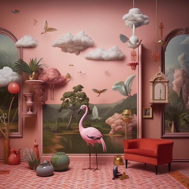 A painting of a flamingo in a room with a sky background