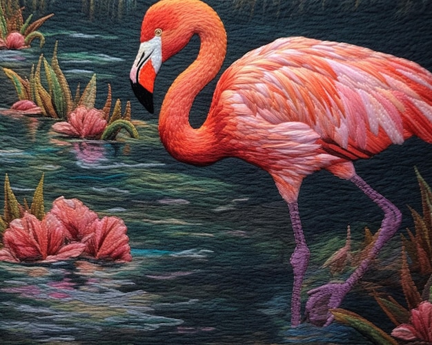 painting of a flamingo standing in a pond of water with pink flowers generative ai