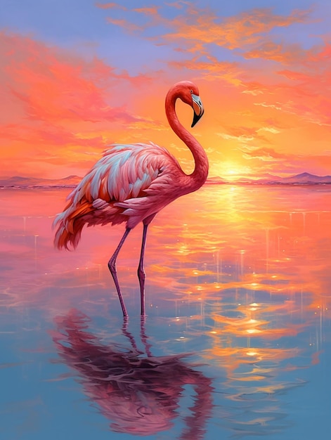 A painting of a flamingo in the sunset