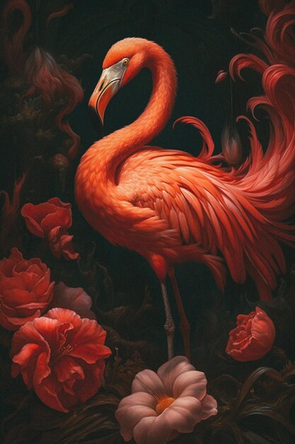 A painting of a flamingo with flowers in the background