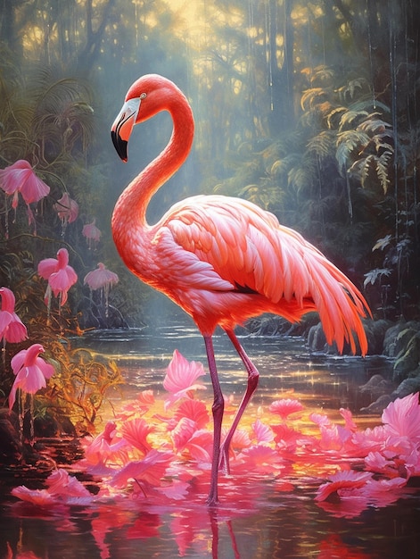 A painting of a flamingo with pink flowers in the background