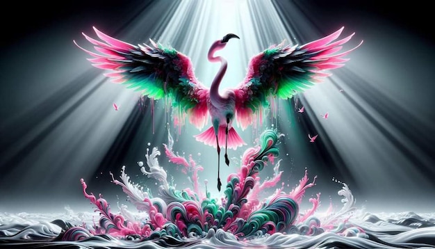 a painting of a flamingo with pink wings and wings