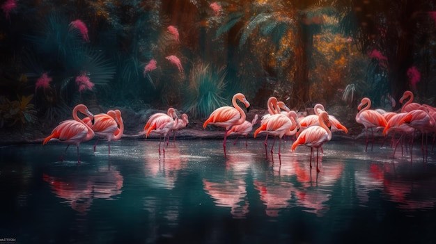 A painting of flamingos in a pond with trees in the background.