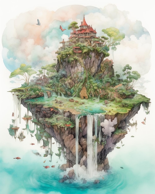 Painting of a floating island with a waterfall and a castle generative ai