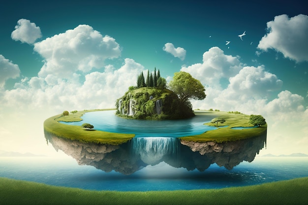 A painting of a floating island with a waterfall and a green island with trees on it.