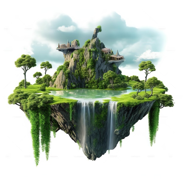 A painting of a floating island with a waterfall and a house on it.