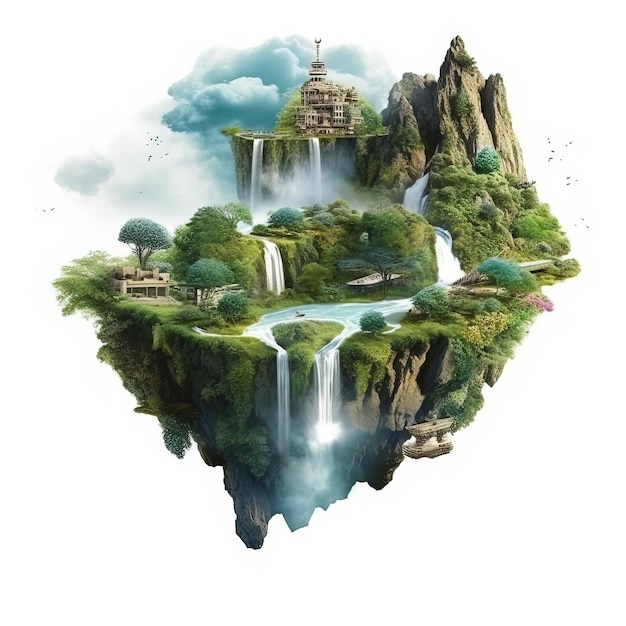 Картина плавучего острова с водопадом и водопадом.