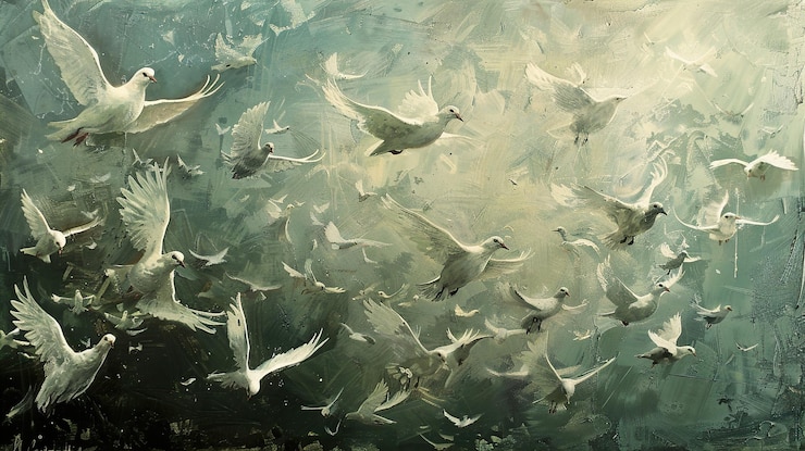 Photo a painting of a flock of birds flying in the sky