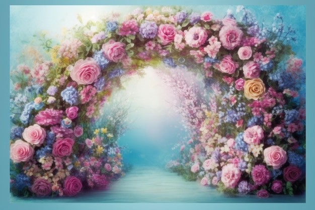 A painting of a flower arch with a blue sky and sun shining on it.