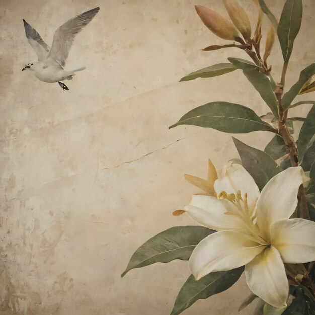 a painting of a flower and a bird flying in the sky