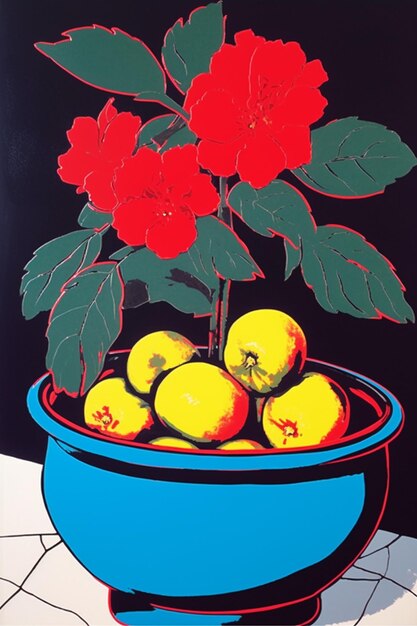 A painting of a flower in a blue bowl with a red flower in the middle.