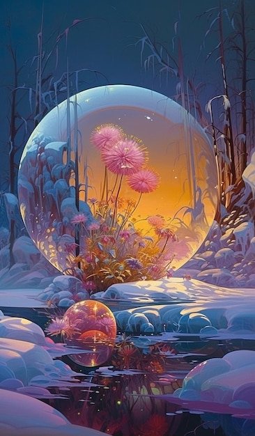 A painting of a flower in a bubble