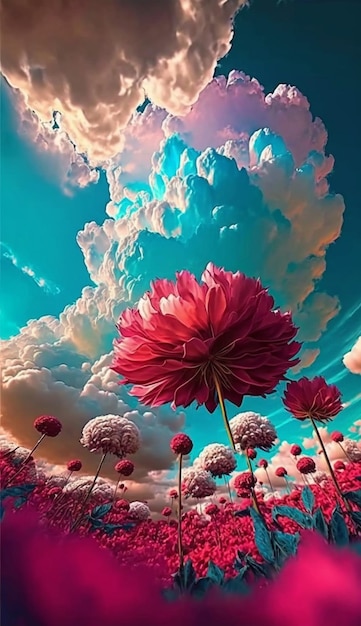 A painting of a flower field with clouds in the background