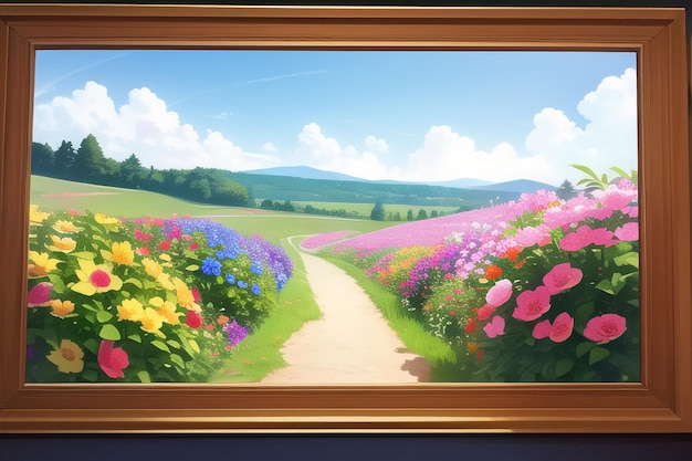 A painting of a flower field with a picture of a flower field.