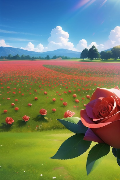 A painting of a flower field with a red rose in the center