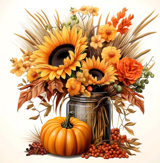 Painting of flower in the glass pot with pumpkins