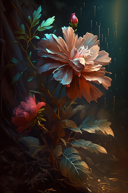 Painting of a flower in the rain generative ai