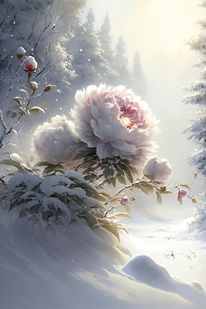 Painting of a flower in the snow generative ai