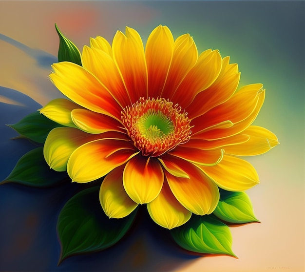 A painting of a flower that is yellow and orange