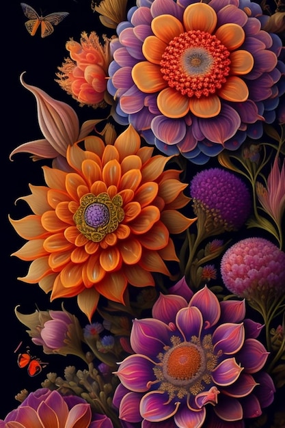 A painting of a flower with a black background