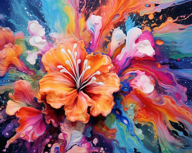 A painting of a flower with a colorful background.