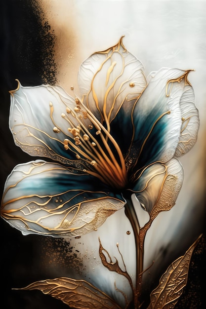 A painting of a flower with gold and blue colors.