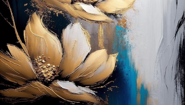 A painting of a flower with gold paint and gold paint.