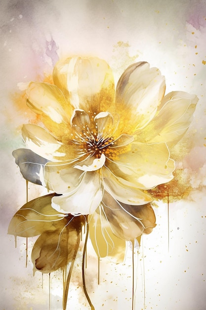 A painting of a flower with gold paint and gold paint.