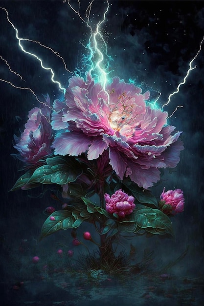 Painting of a flower with lightning coming out of it generative ai