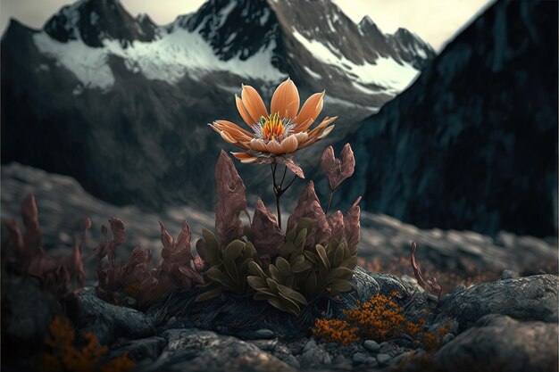 A painting of a flower with mountains in the background