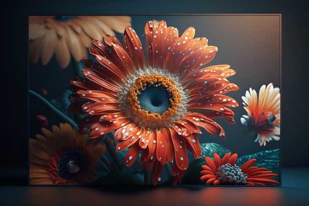 Photo a painting of a flower with orange petals and a blue background.