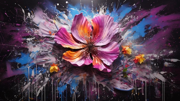 painting of a flower with paint splatters on it generative ai