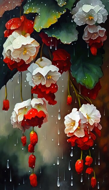 A painting of a flower with the raindrops on it