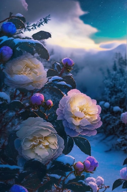 A painting of a flower with the snow on it